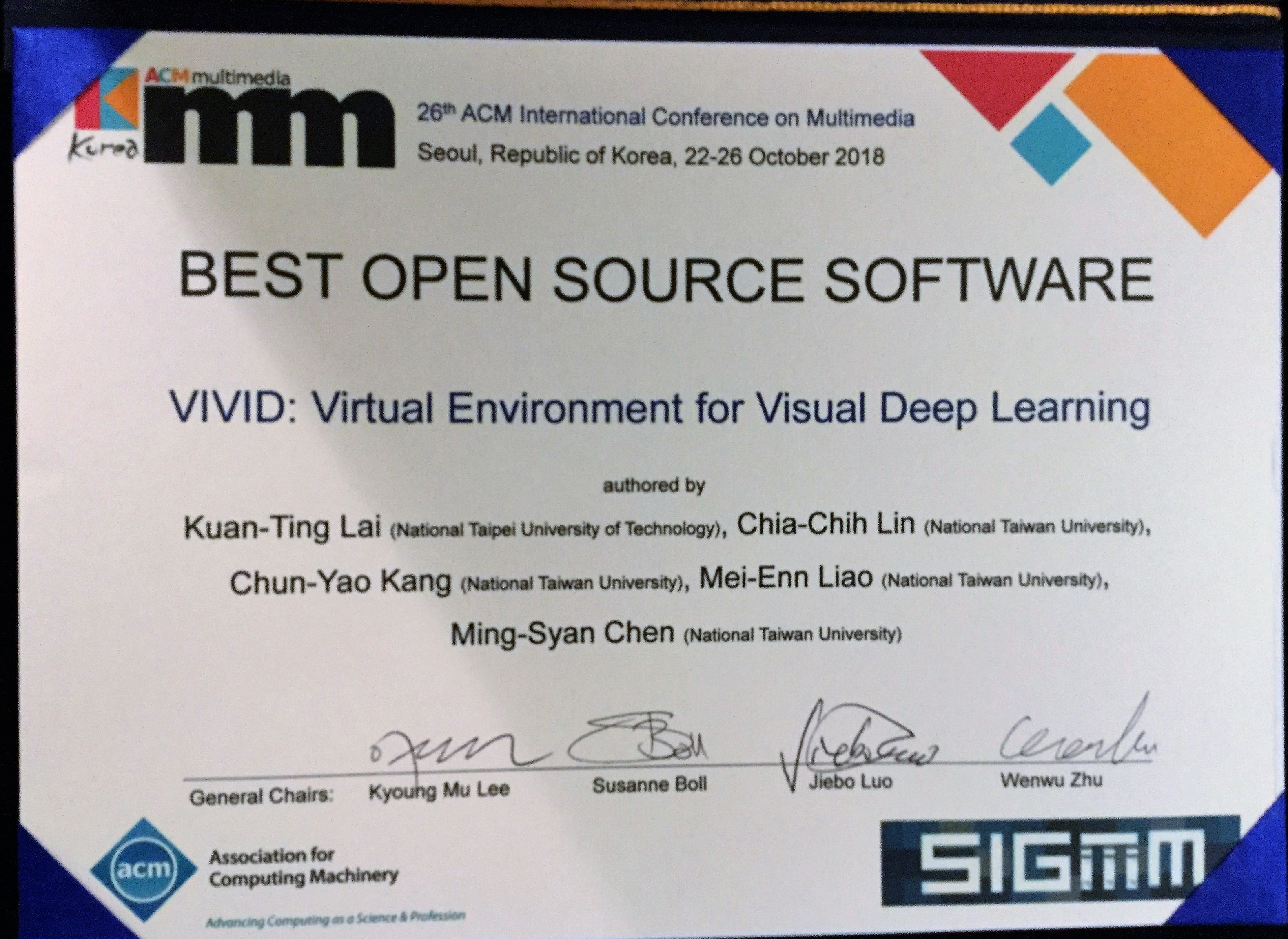 Professor Kuan-Ting Lai won the ACM Multimeida 2018 Best Open Source Software Award《2018.10.26》